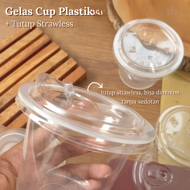 Gelas Cup Plastik POLYCUP TEBAL 14 oz datar + Tutup Strawless - Harga per 50set