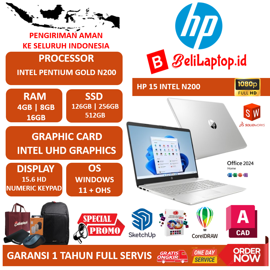 Laptop baru HP 15 Intel N200 RAM 8GB ddr4 128GB SSD Windows 11 - Murah Berkualitas original