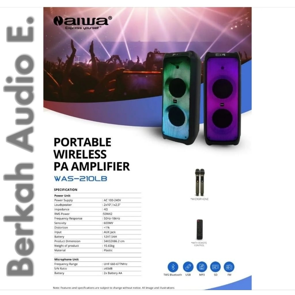 Speaker Aktif Portable Wirelles N Aiwa WAS 210LB Original