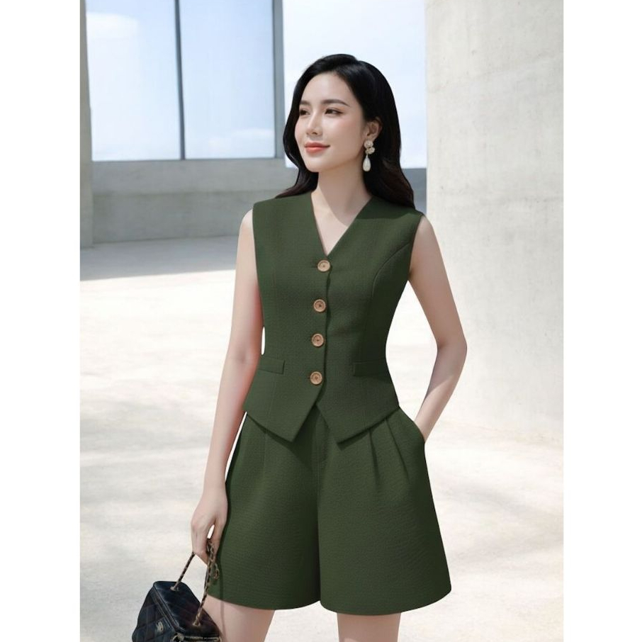 Stelan Vest Wanita Korean Look Hijau Army | Set Outfit Wanita Celana Pendek Santai Elegant