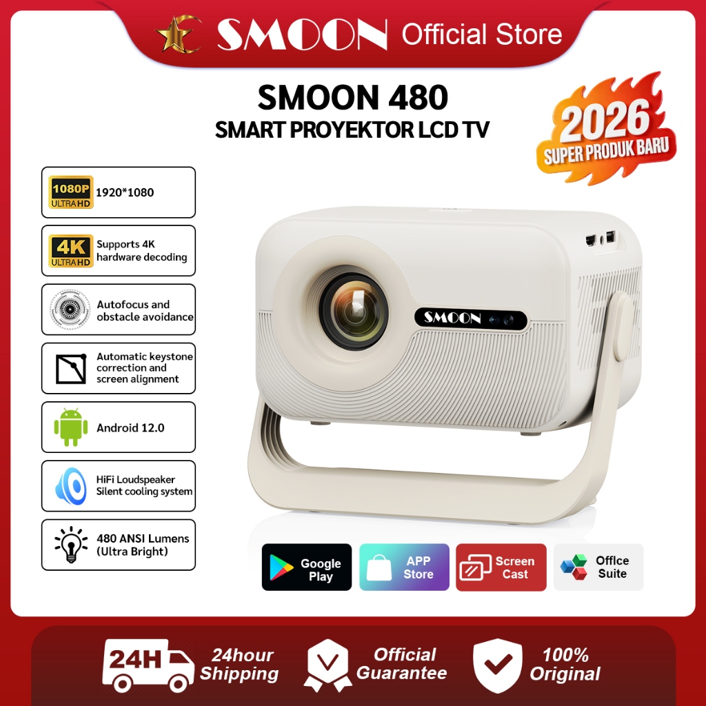 SMOON 480 Ultra Smart Projector LCD TV - Proyektor Pintar - 2K - 480 ANSI Lumens - Android 4K - Foku