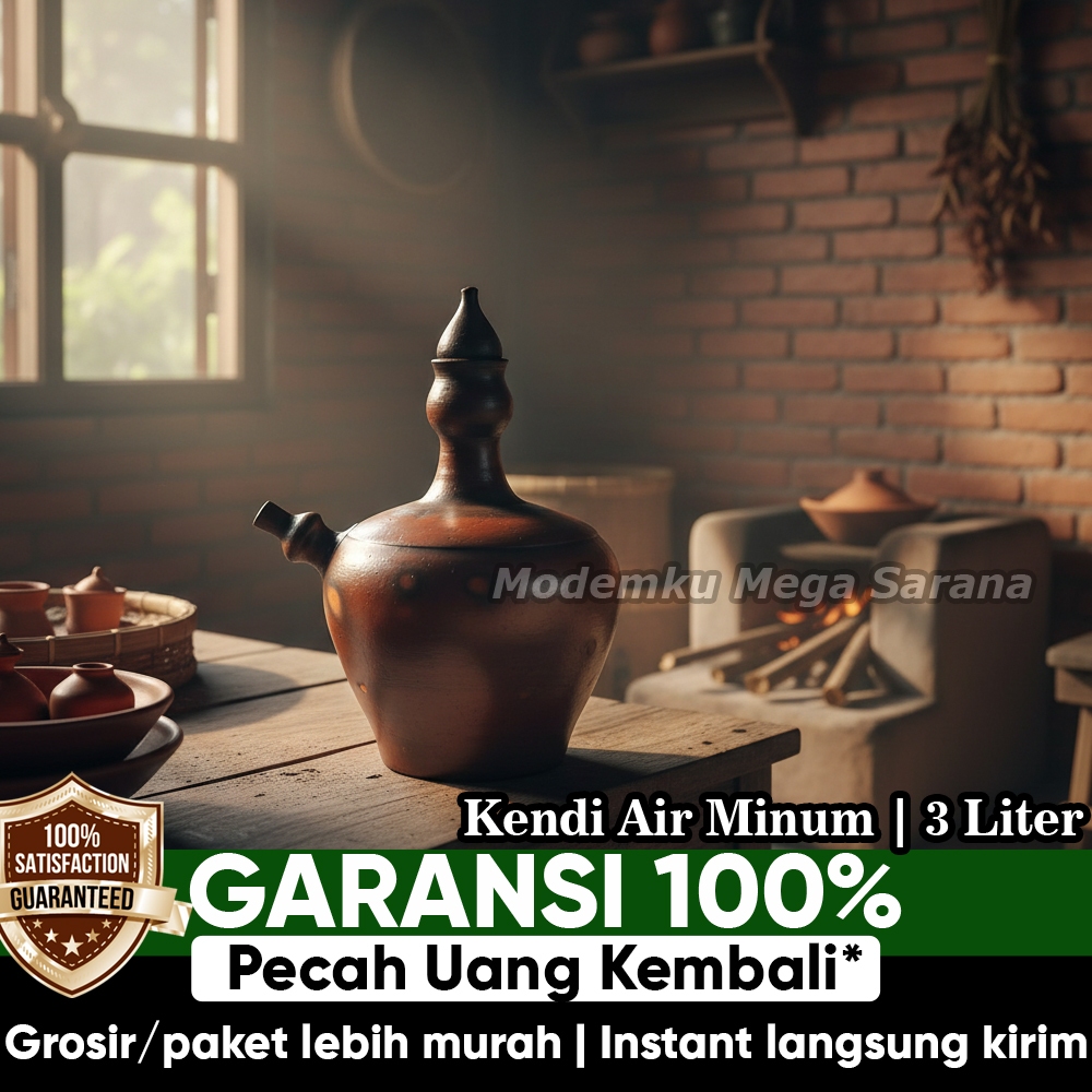 Kendi Tanah Liat Air Minum Teko Gerabah Tradisional - 3 Liter - Labu Tanah Gogok Glogok Kandi Kundi 