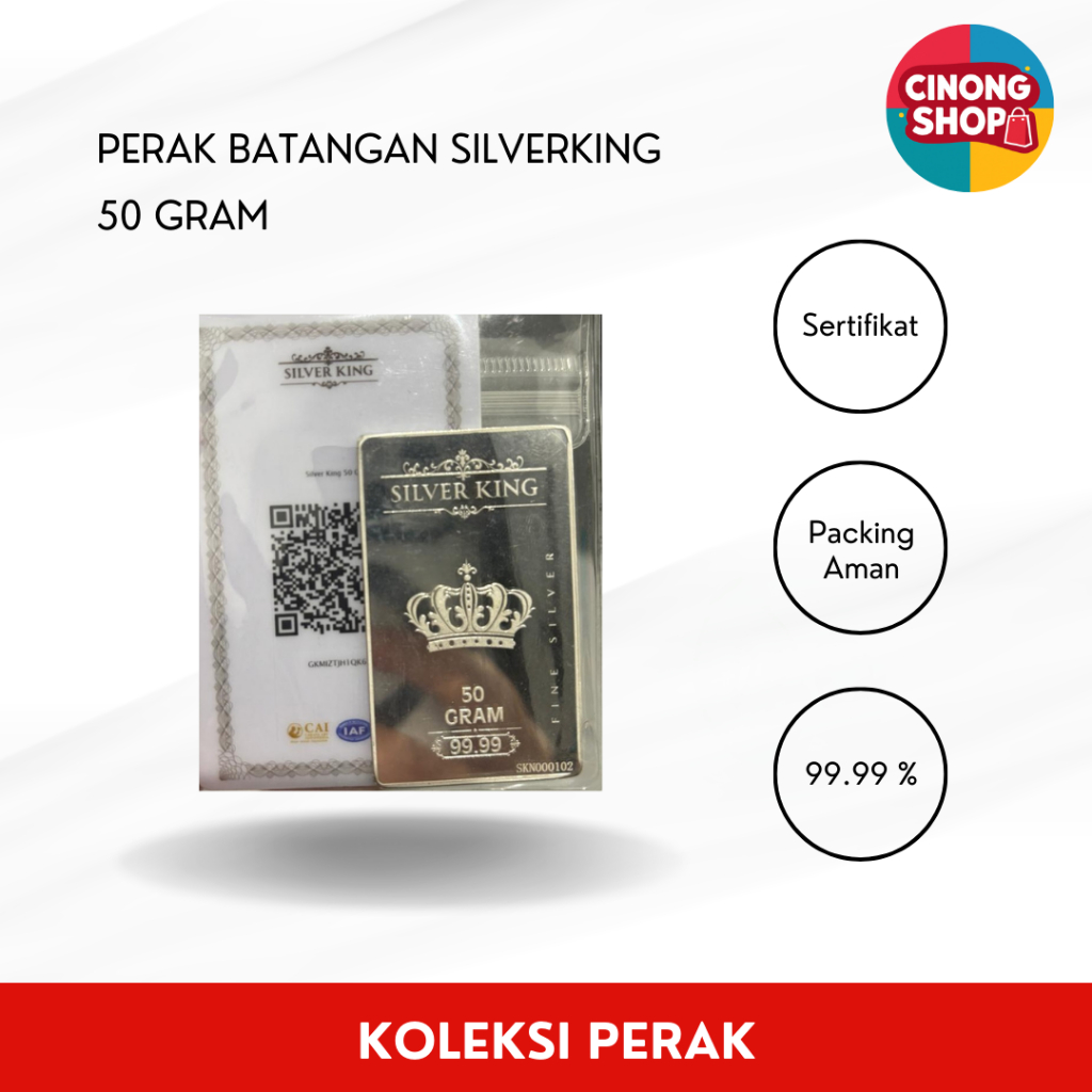 Perak Batangan 99.99 50 gram merek Silverking bersertifikat