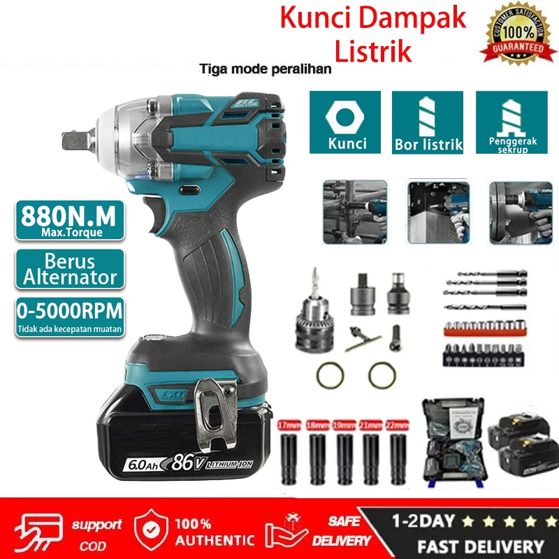 880N.M Brushless 86V Bor Cordless Mesin Bor Listrik Impact 2 Baterai Wrench Obeng Set Bor Case Makit