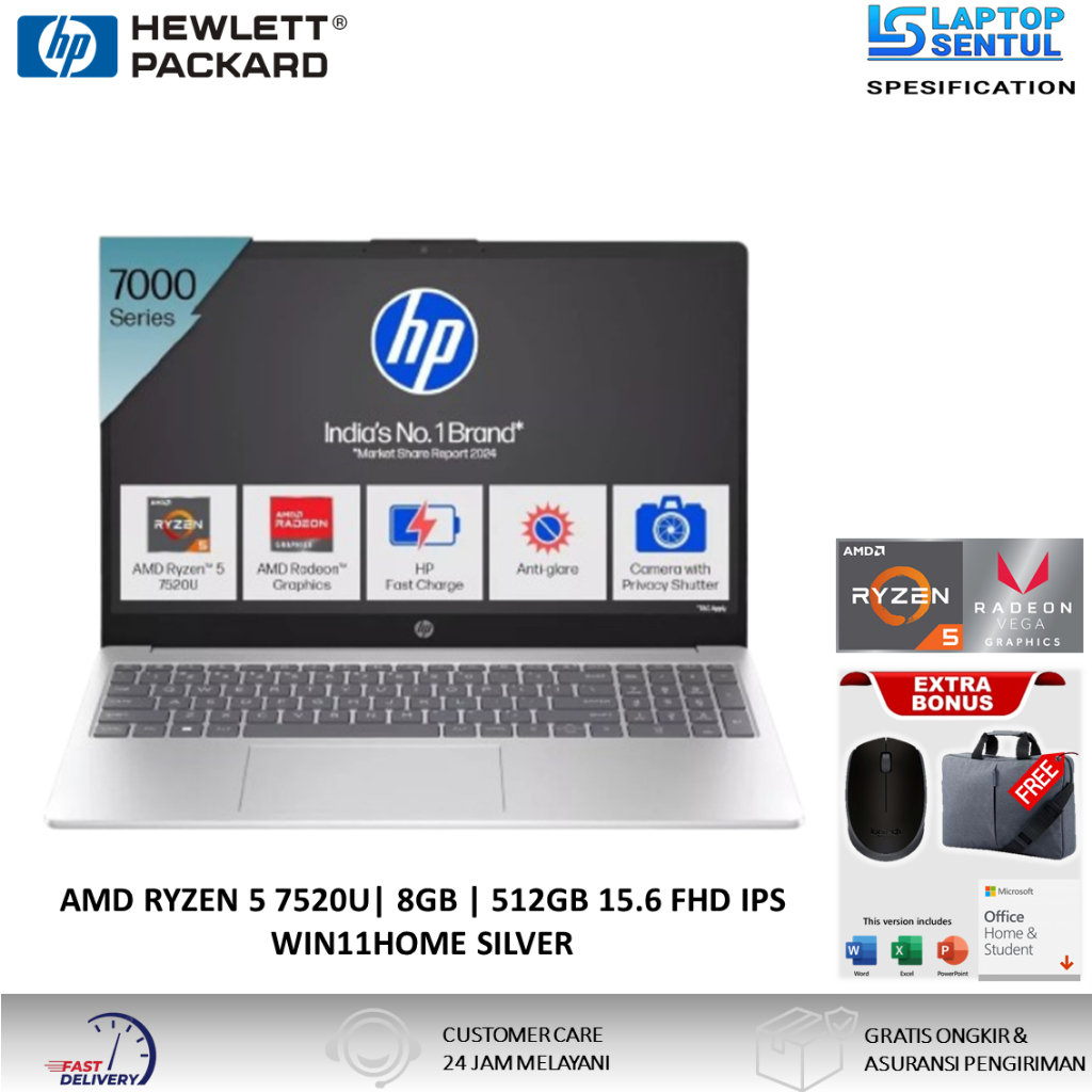 Laptop Gaming Hp 15 AMD Ryzen 5 7520U Ram 8GB 1TB SSD FHD IPS Windows 11 Office 2024 Blue