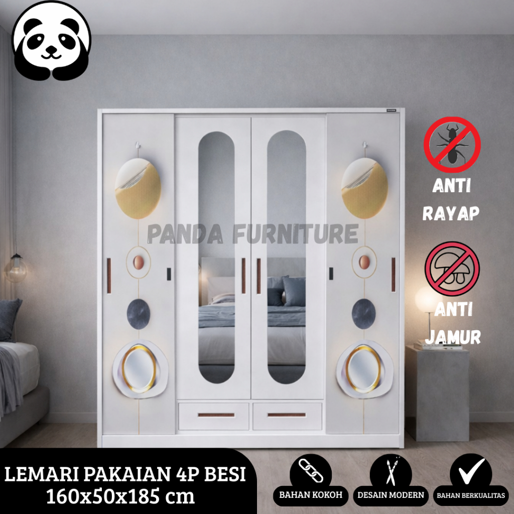 PROMO LEMARI PAKAIAN PLAT BESI KUNCI 4 PINTU SLIDING DAN SWING + DILENGKAPI KACA / LEMARI BAJU BESI
