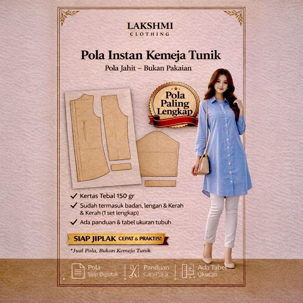 Pola Instan Kemeja Tunik Wanita S M L XL XXL – Pola Jahit Siap Jiplak | Lakshmi Clothing
