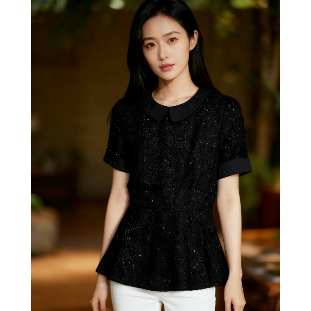 DANITY PARIS TWEED TOP PEPLUM BLOUSE HITAM GLITTER BLINK KOREA BRANDED