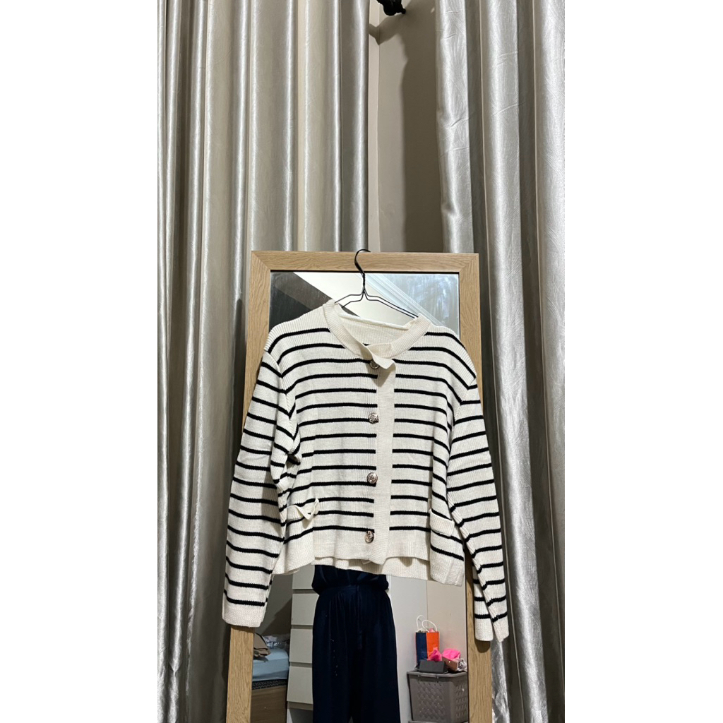 (PRELOVE) Cardigan rajut wanita garis putih hitam-atasan lucu, outer rajut