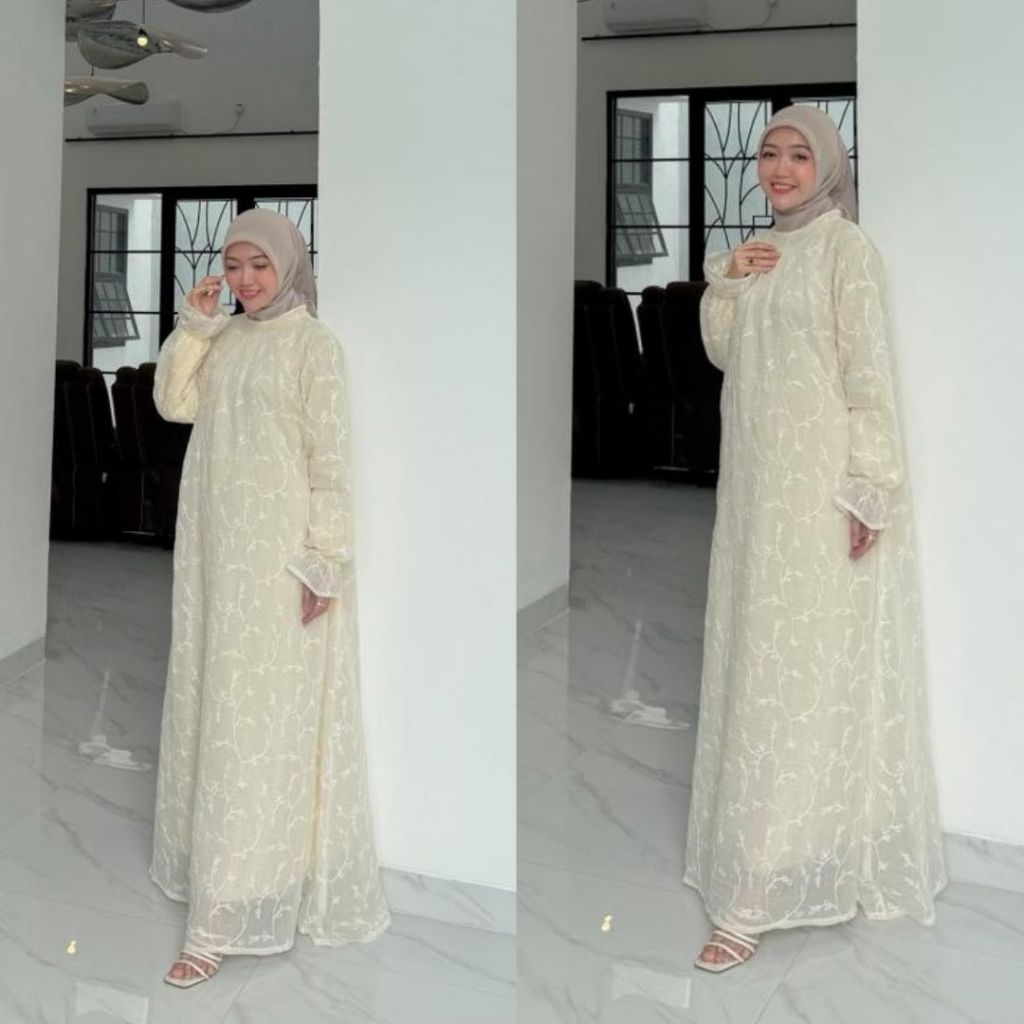 Joley Cloth - Artha Gamis Mewah Tancel Bordir Full Furing Dress Ivory Outfit Raya Kondangan Baju Leb