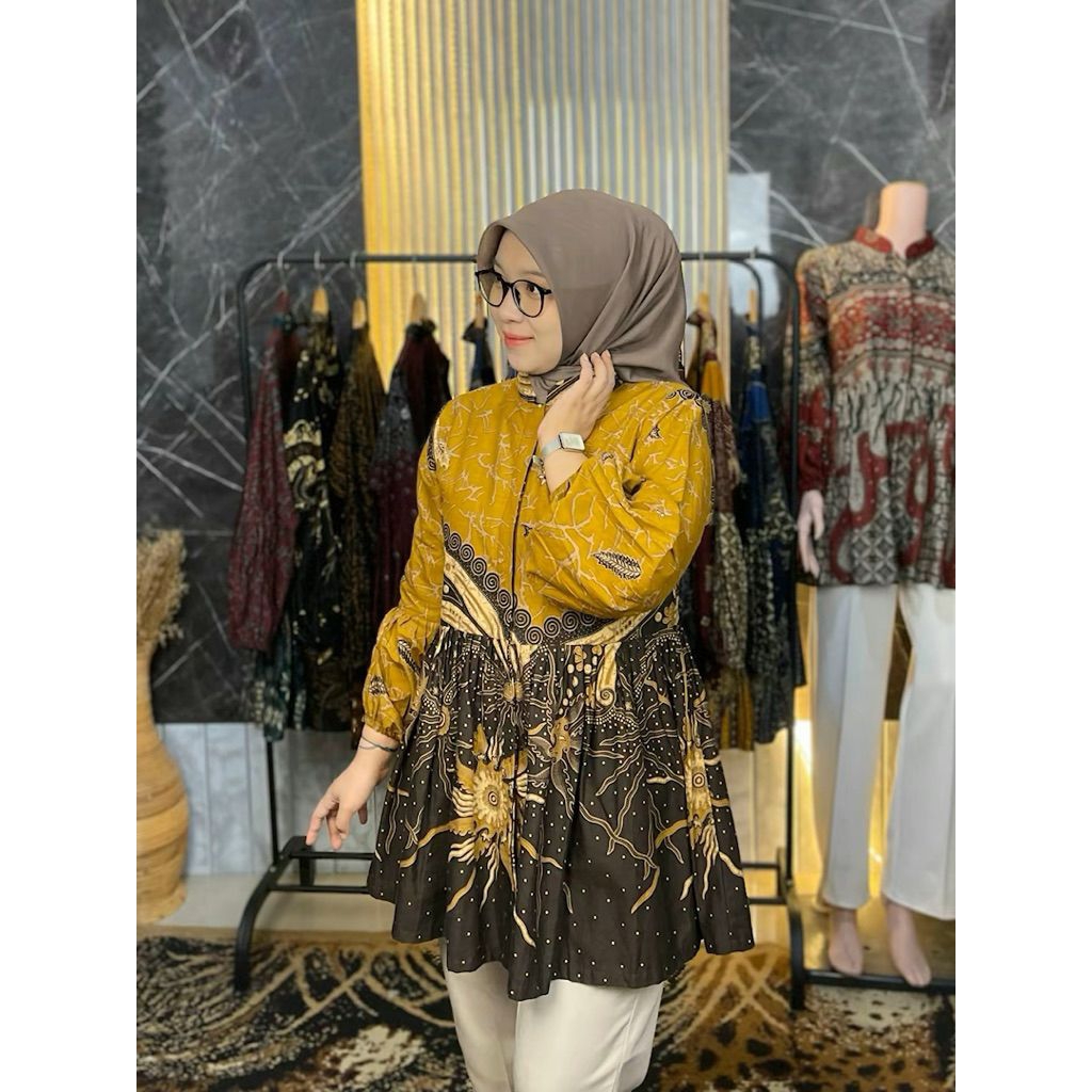 Albatik | blouse batik wanita lengan balon bahan katun warna kuning