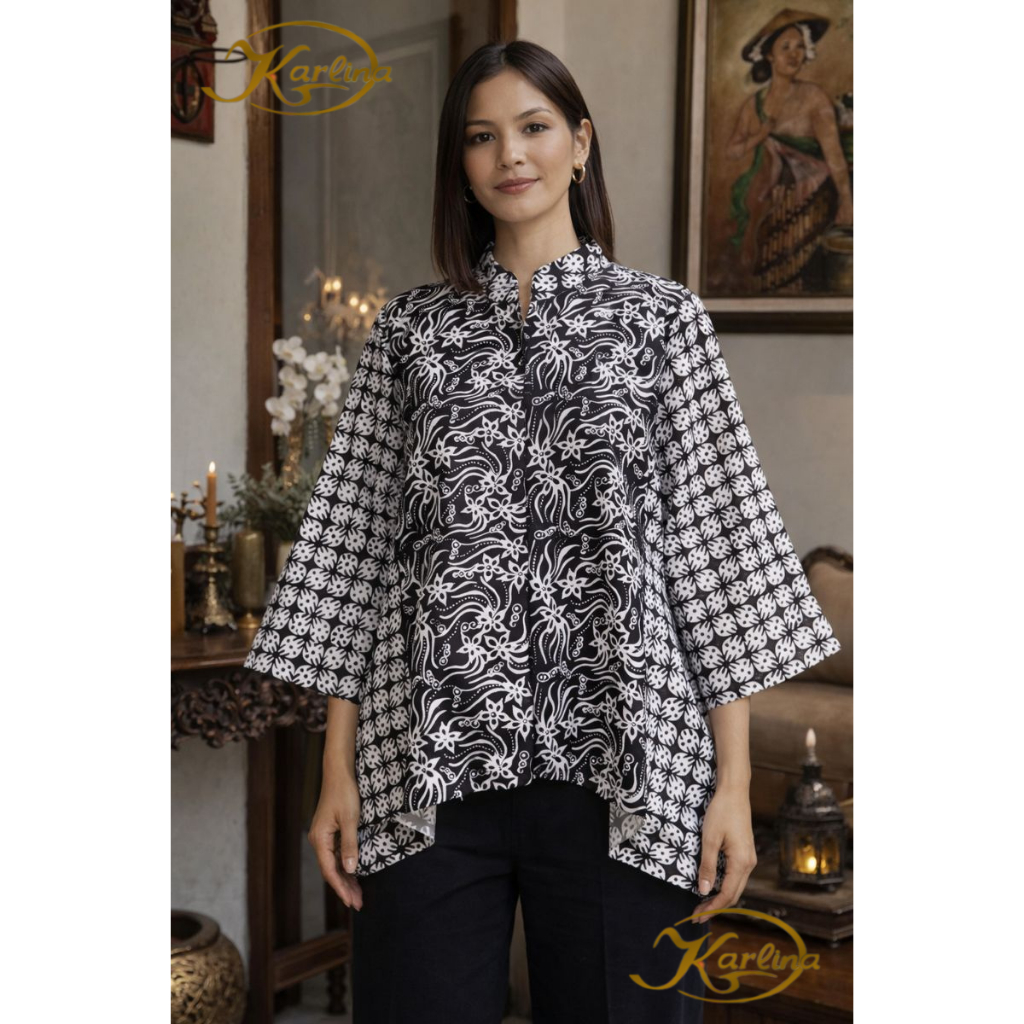 Blouse Batik Kombinasi HItam Putih/Atasan wanita BATIK KARLINA SOLO