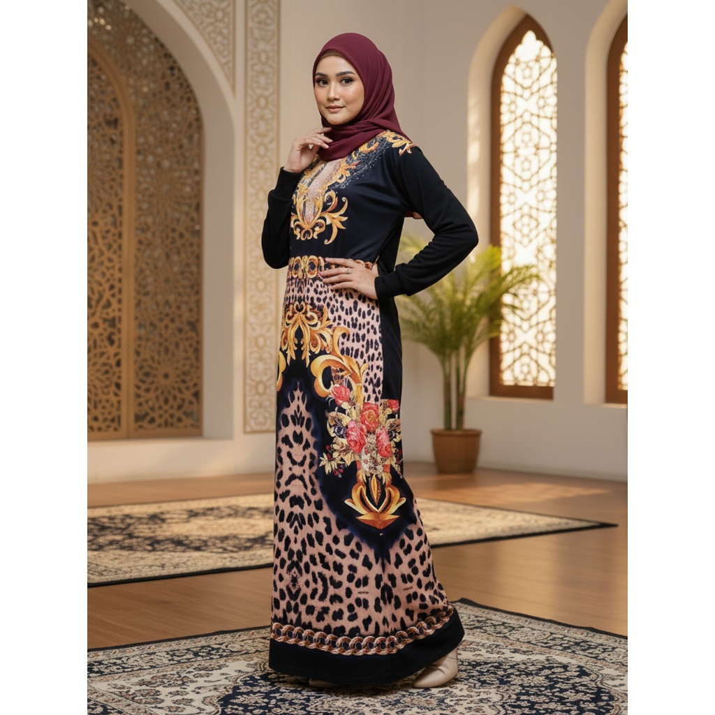 Gamis Spandek Hitam Kombinasi Motif Bunga