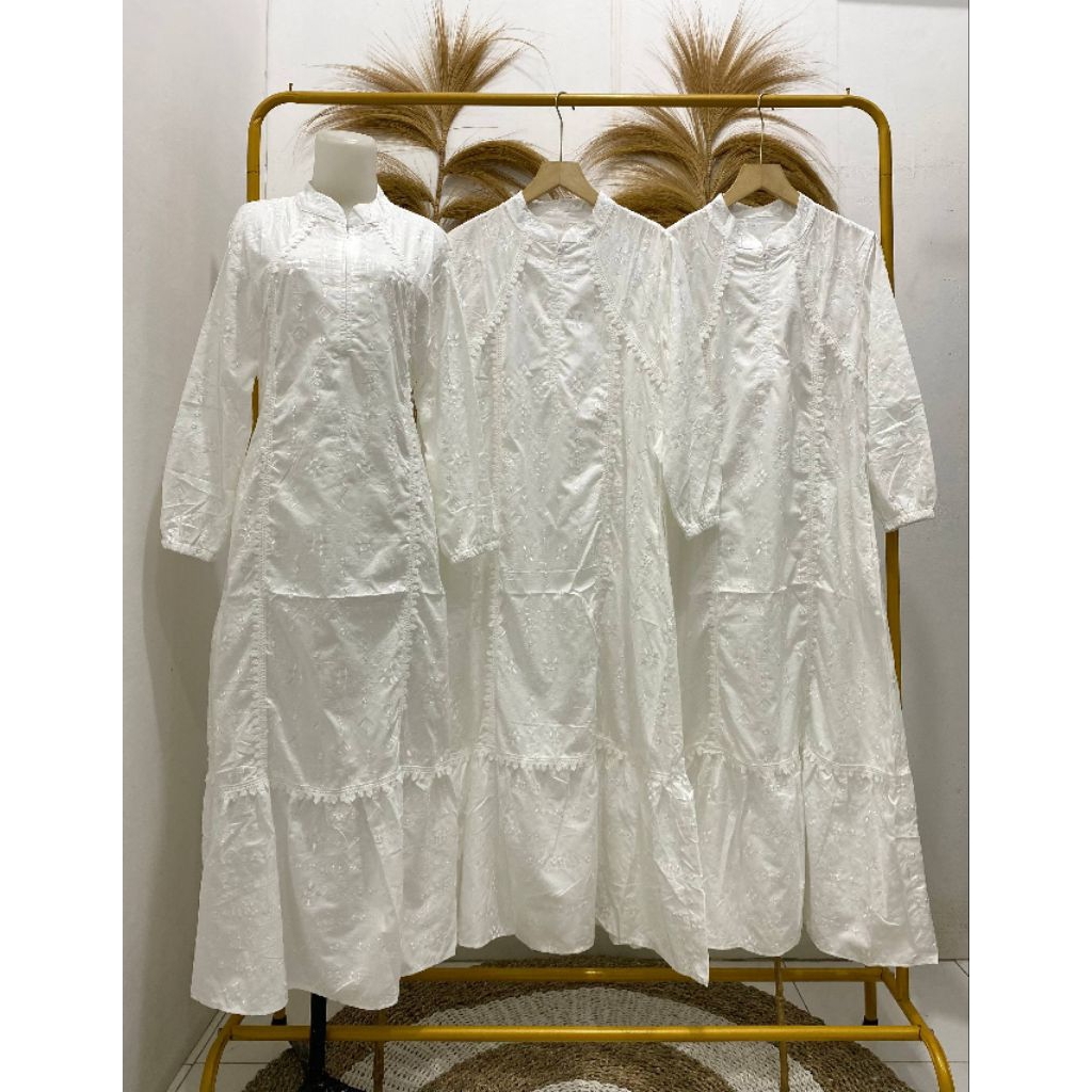 Gamis Putih Katun Bordir Premium / Gamis Lebaran Kode 3877