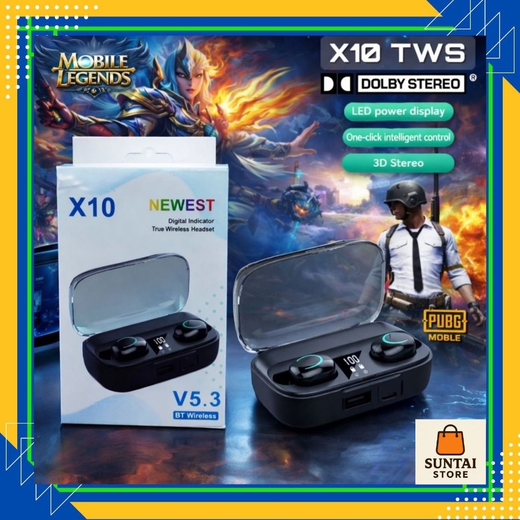 X10 Headset TWS Powerbank Gaming Bluetooth 5.3 Wireless LED Long Battery HIFi Bass Stereo Earbuds Ea