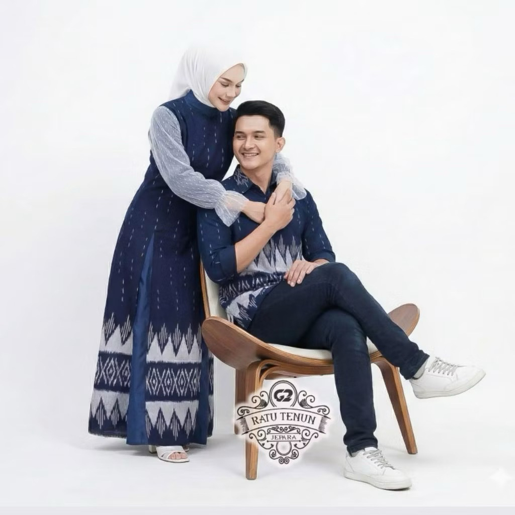dress tenun couple baju lebaran biru navy