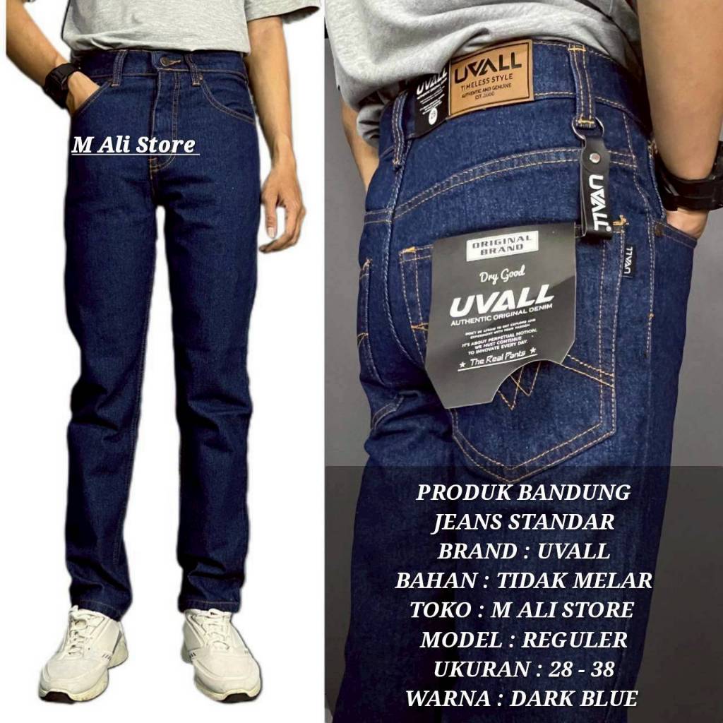 UVALL - Celana Jeans Panjang Pria Standar Reguler Ori Pants Cowok Dark Blue Navy Ukuran 28 Sampai 38