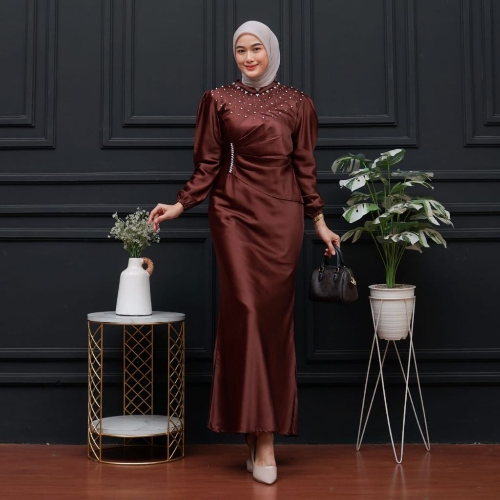 Vina Dress Kondangan Viral | Gaun Pesta Modern Satin Silk Premium | Baju Muslim Wanita | Baju Lebara