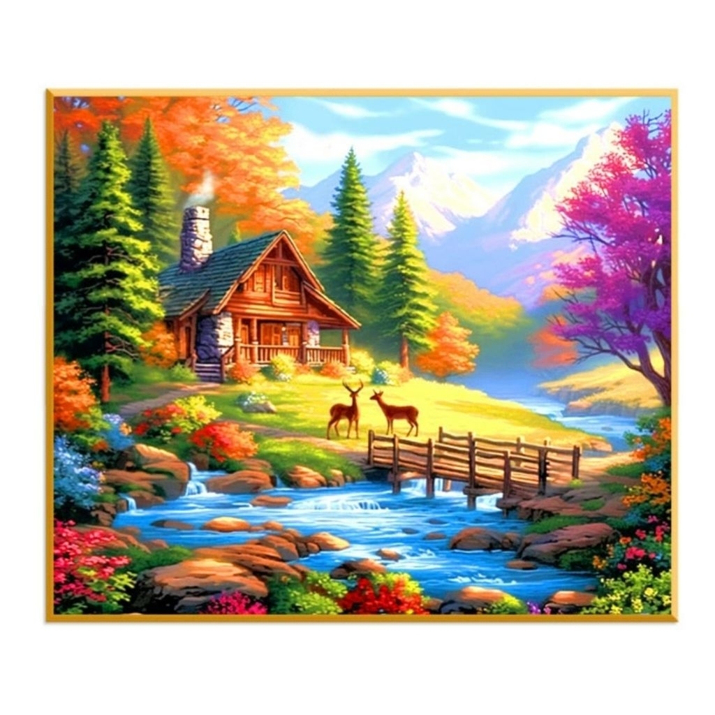 Paket kristik rumah kabin pedesaan danau rusa full cross stitch kit pola kain kerajinan tangan craft