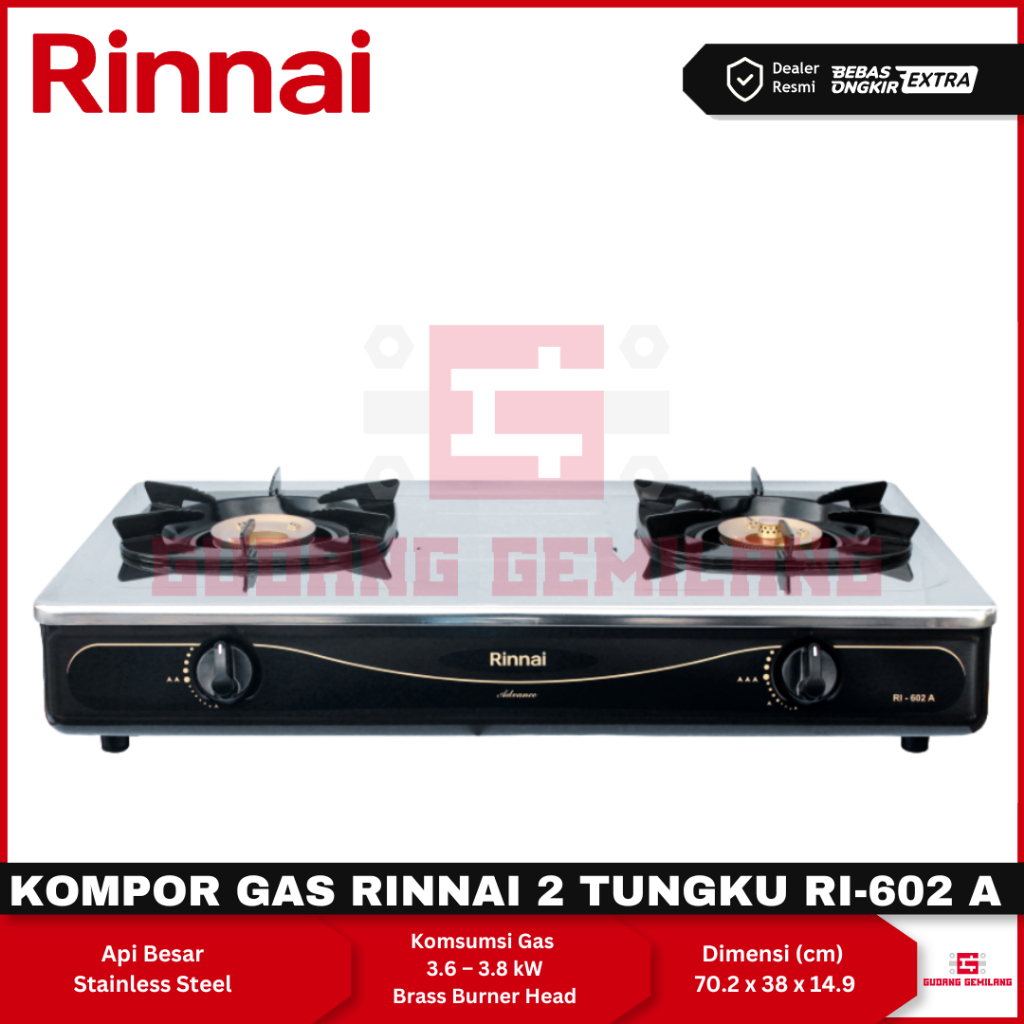 Kompor Gas RINNAI 2 Tungku RI-602 A Stainless Steel RI602A RINNAI