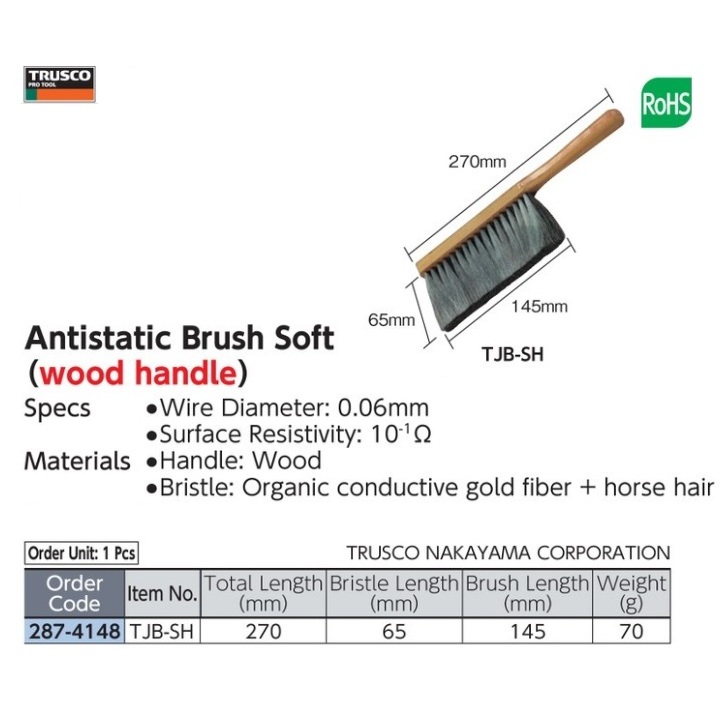 TRUSCO TJB-SH Anti-Static Brush Soft, for Drafting, Wooden Handle, Total Length 270mm, Bristle Lengt
