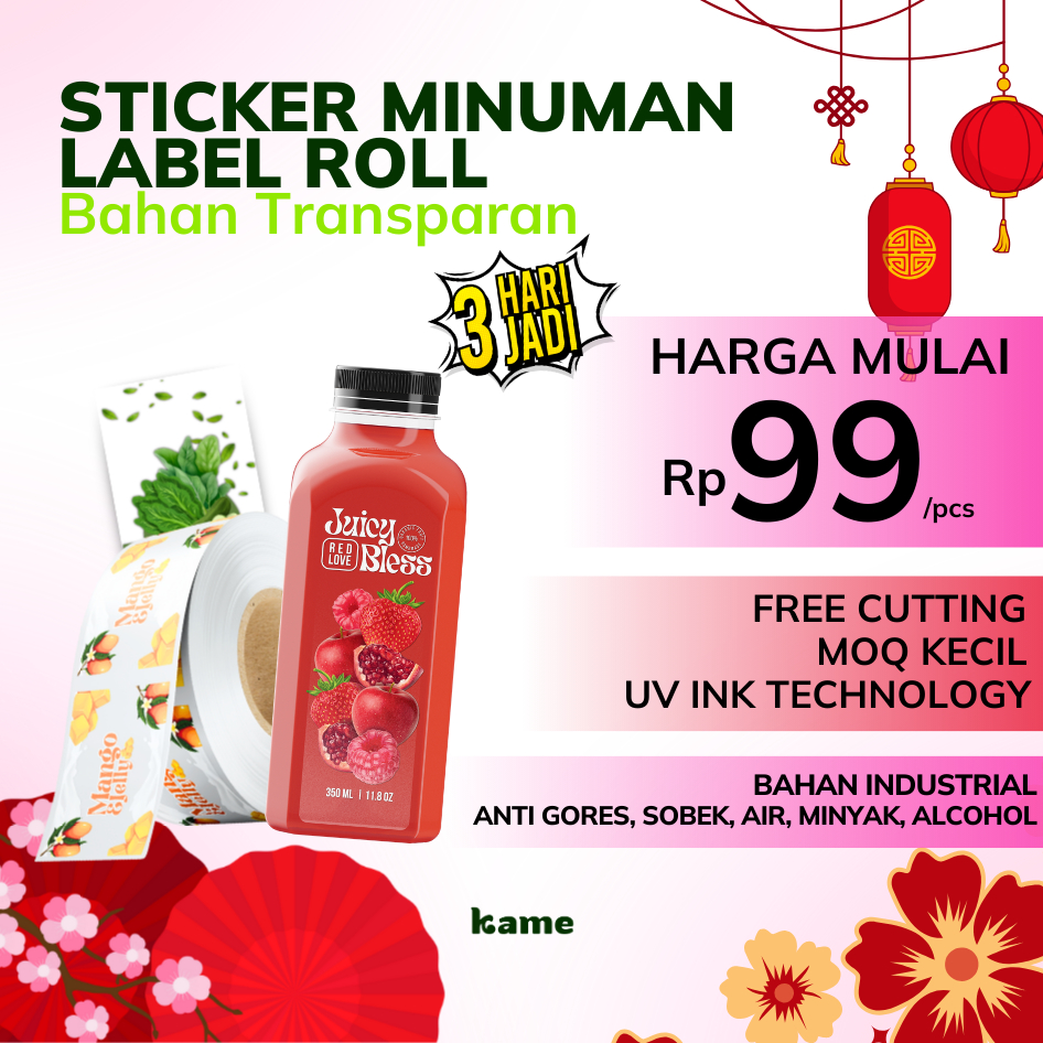 Cetak Stiker Label Roll UV INK Botol Minuman | Stiker Roll Custom Anti Air | Stiker Cutting Kiss Cut