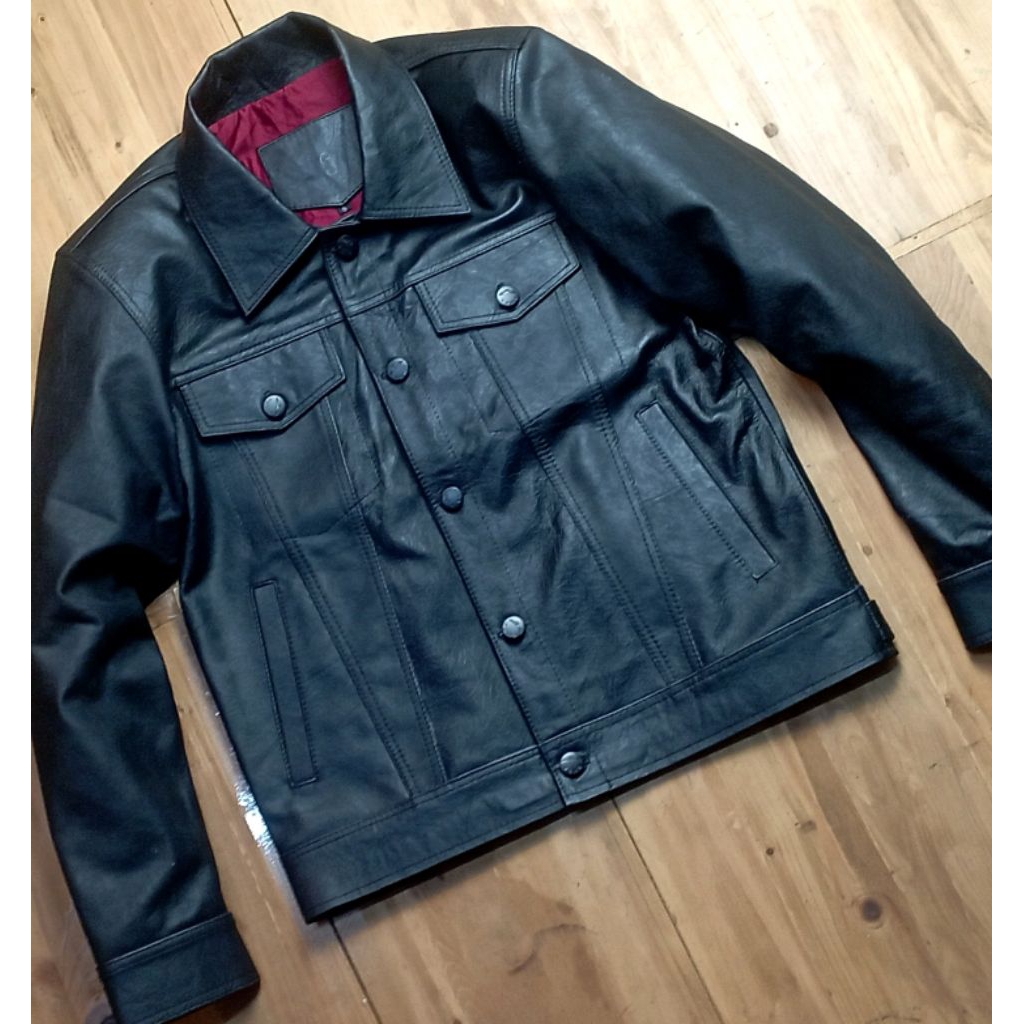 jaket kulit Trucker pria size S
