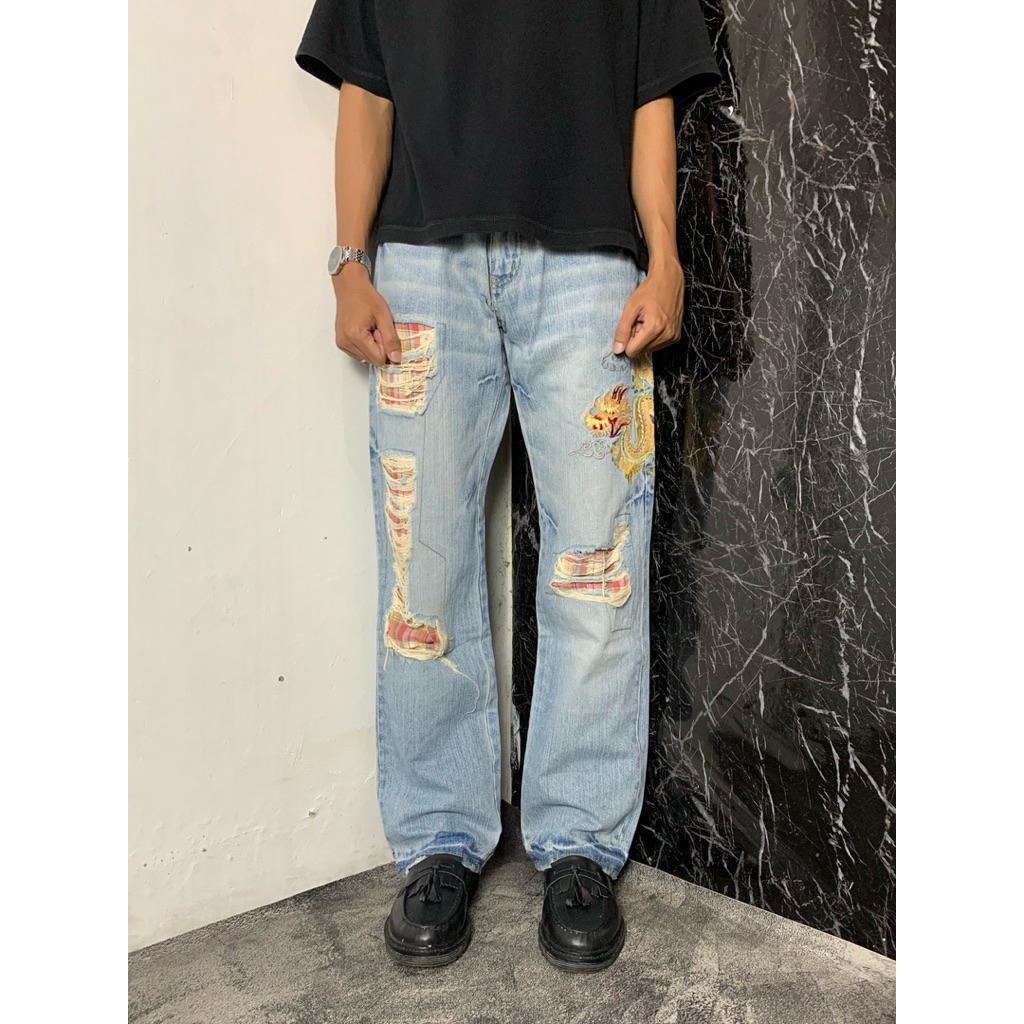 Loose Straight Ripped Blue Jeans Art Dragon ( KOREAN JEANS )