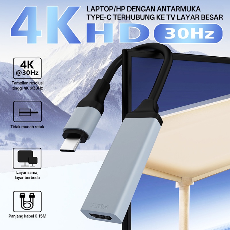 Kabel Adaptor Type-C ke HDMI 4K@30Hz 0.15M untuk Laptop HP Tablet TV Proyektor