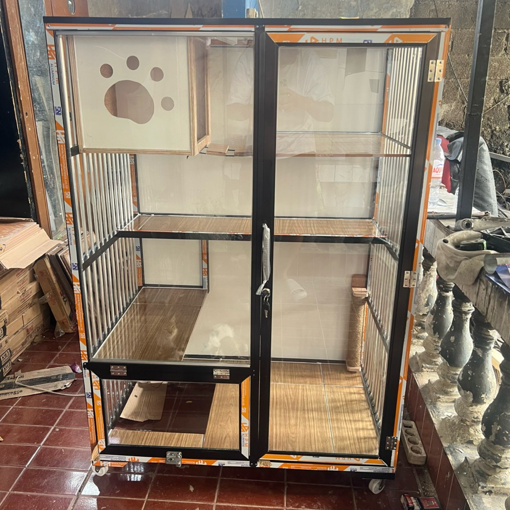 Kandang Kucing Besar Murah Alumunium Tingkat Full Kaca Kotak Rumah dan Pintu Pup Depan | P90cm x L60