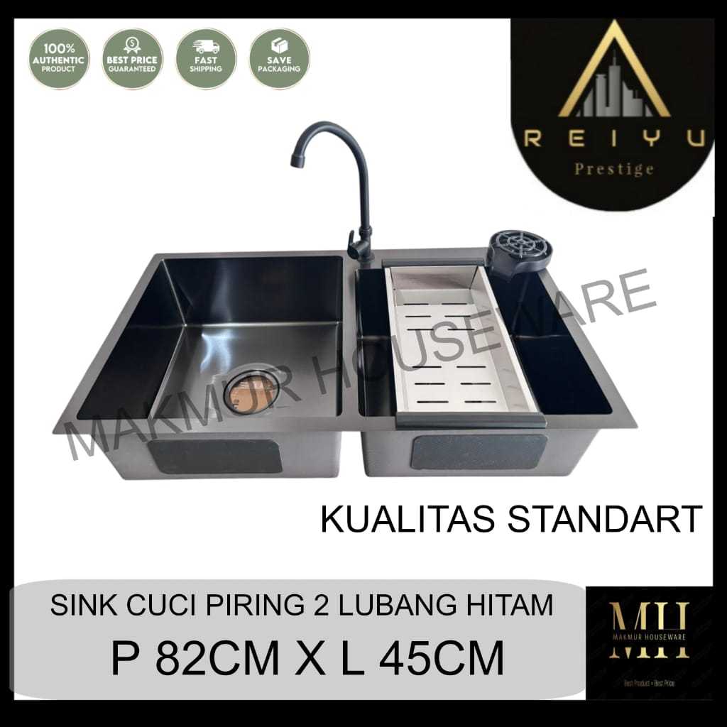SINK CUCI PIRING 2 LUBANG HITAM MODERN / BAK CUCI PIRING WASTAFEL 2 LUBANG HITAM 82CM X 45CM