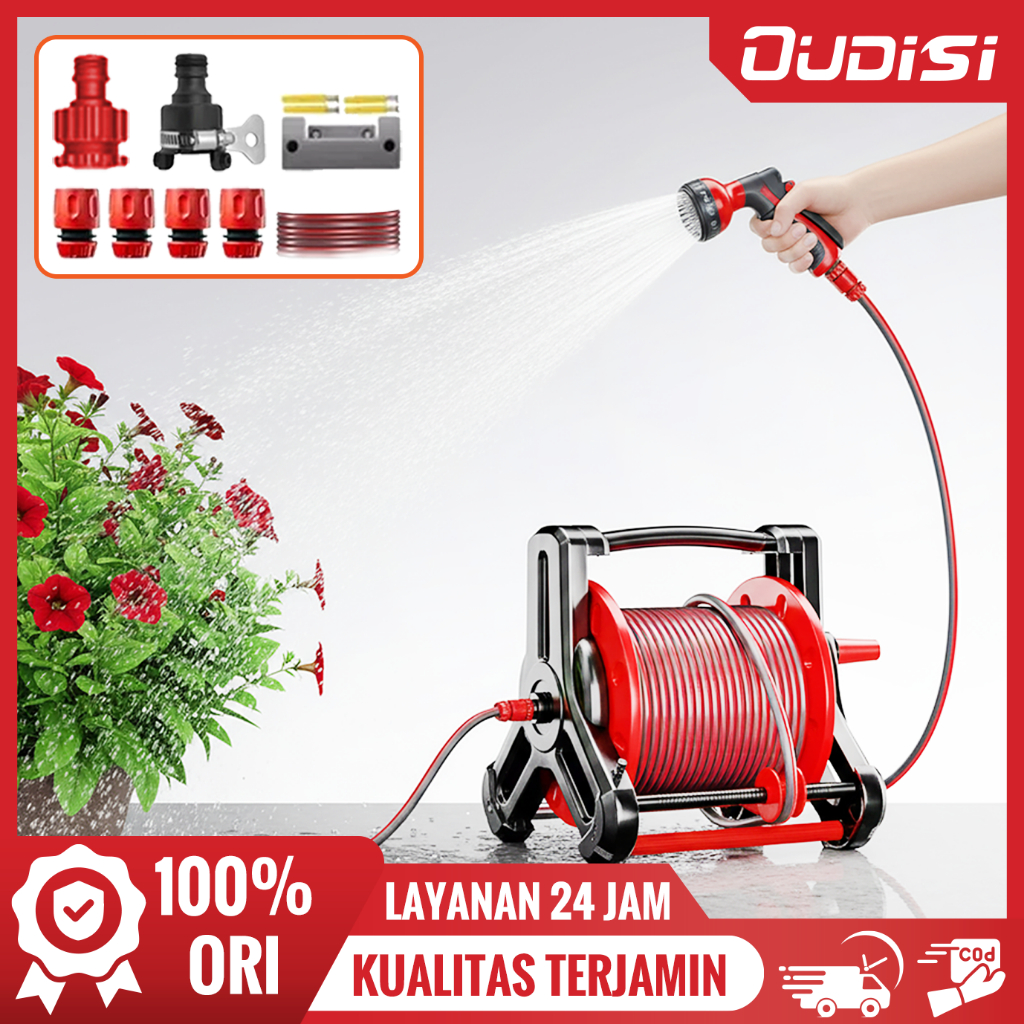 Dudukan gulungan selang - gulungan selang dengan selang air 20 meter / 40 meter selang cuci motor