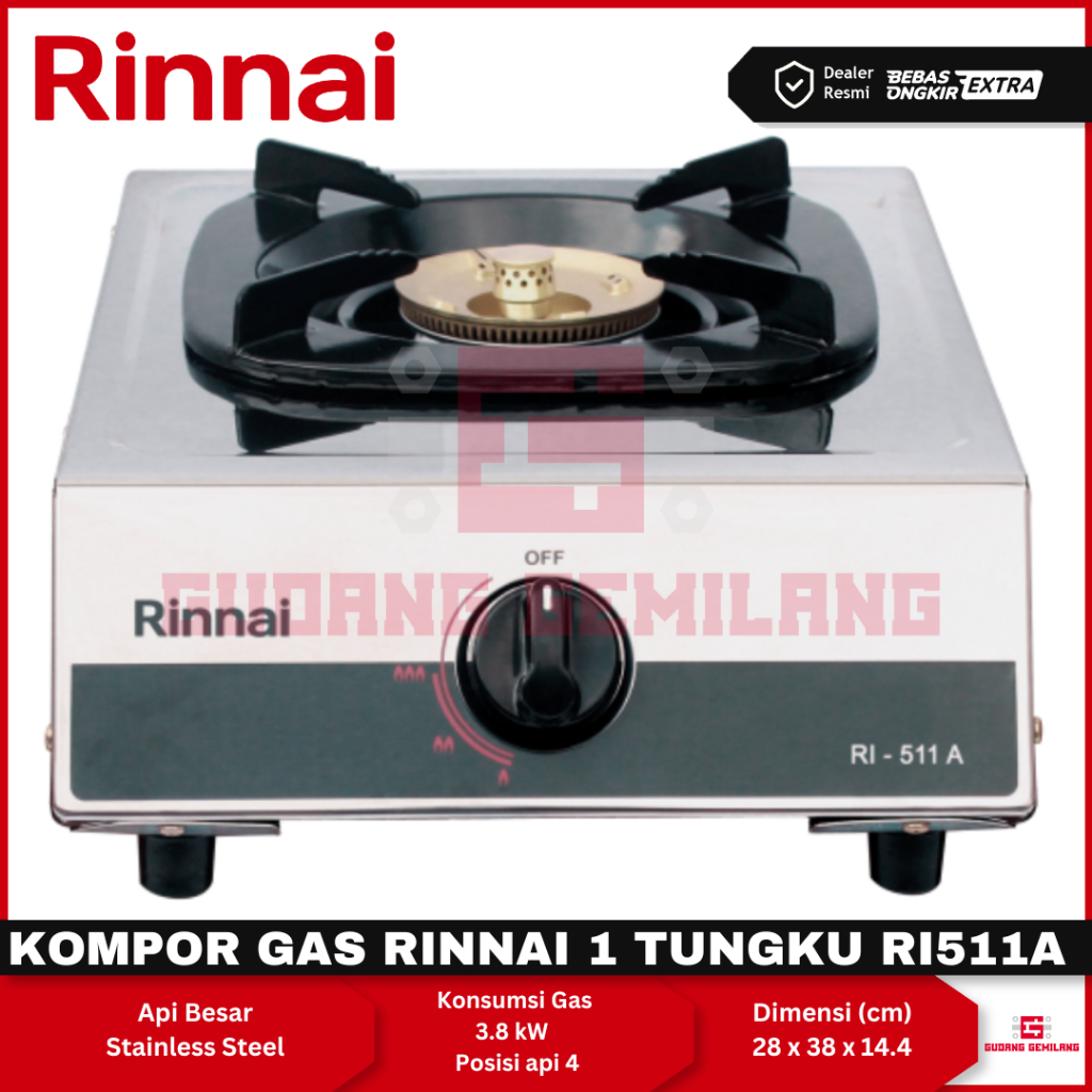 Kompor Gas RINNAI 1 Tungku Api RI-511 A Api Besar Api Lilin RI511A Stainless
