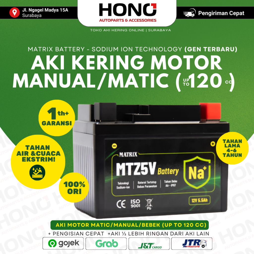 Matrix - HIJAU - Aki Motor Sodium Ion 12V 5.5Ah - GARANSI 1 TAHUN PLUS, Tahan Lama, motor 125-150cc,