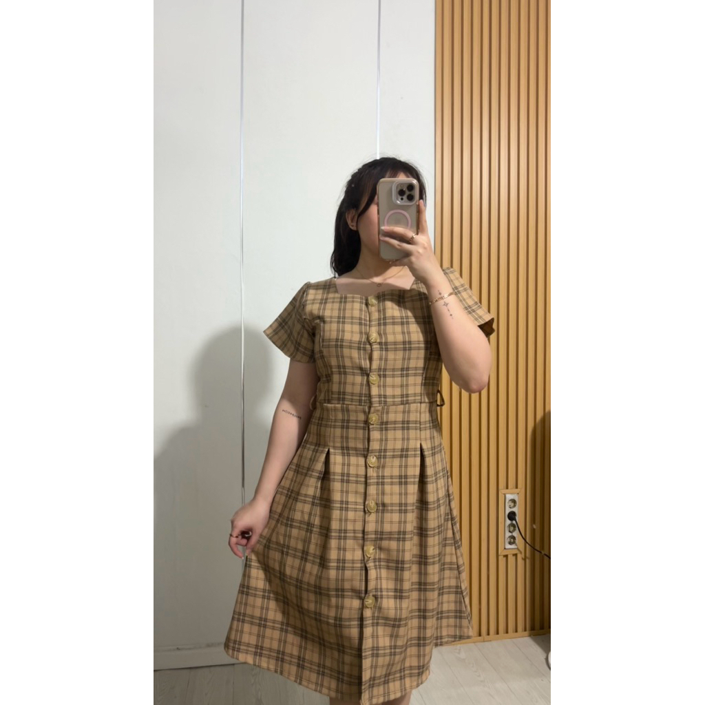 Dress Kotak-Kotak Coklat Kekinian Wanita | Dress Wanita | Dress Kekinian