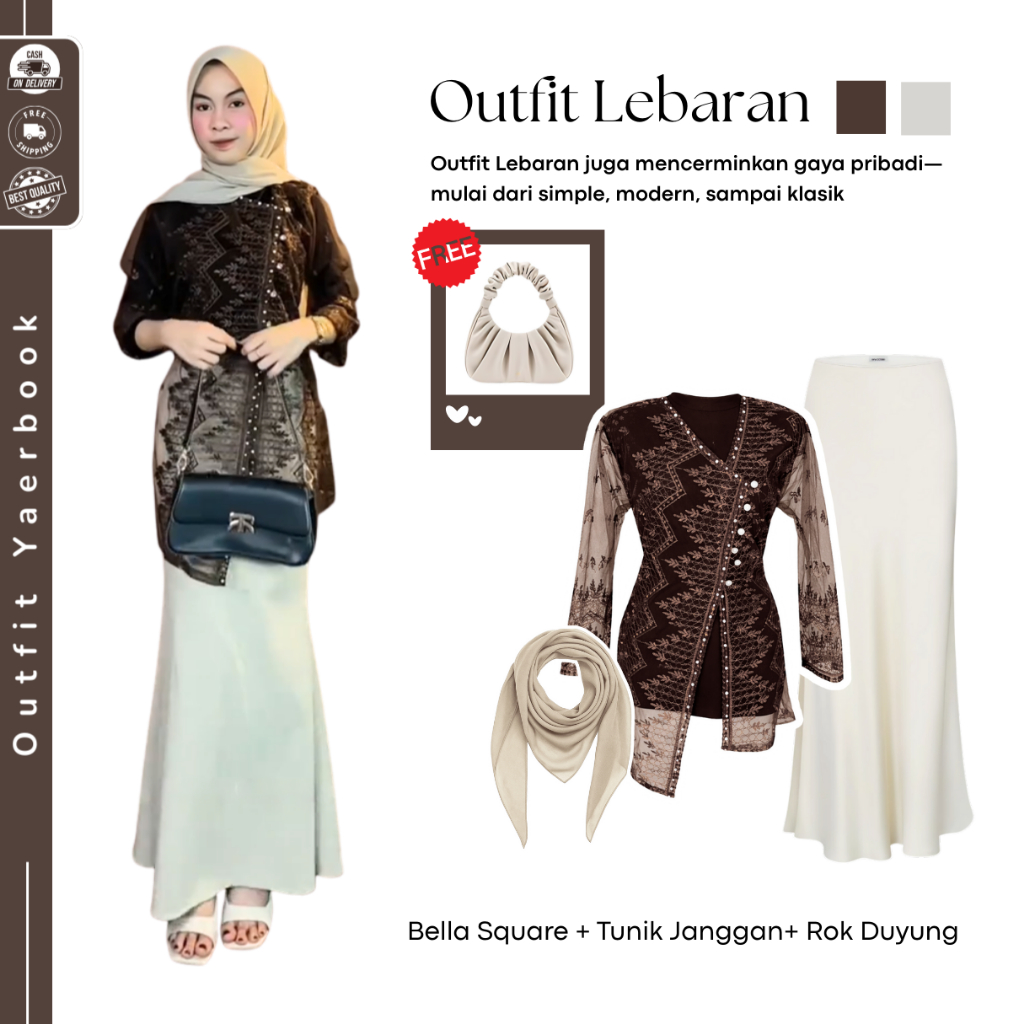 Ayrin Outfit Couple Brukat/Kebaya Viral ( Hijab Bella Square + Tunik Janggan + Rok Duyung ) Setelan 