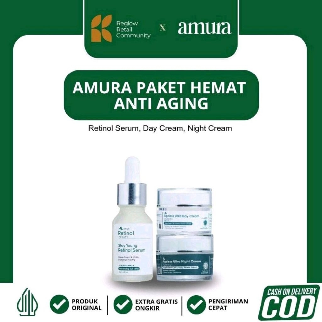 AMURA Paket Hemat Anti Aging - Retinol Serum, Day Cream, Night Cream, Mencerahkan, Melembapkan, dan 