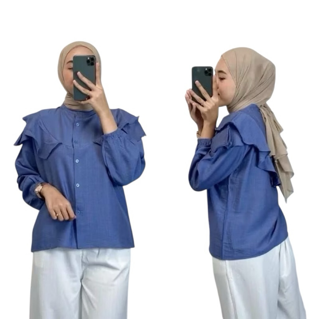 Yure Blouse Rempel Depan Belakang Polo Linen Busui Kancing Aktif