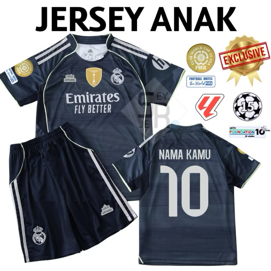 KIDS Jersey Real Madrid Away 2025 2026 - Jersey Anak Madrid Grade Original