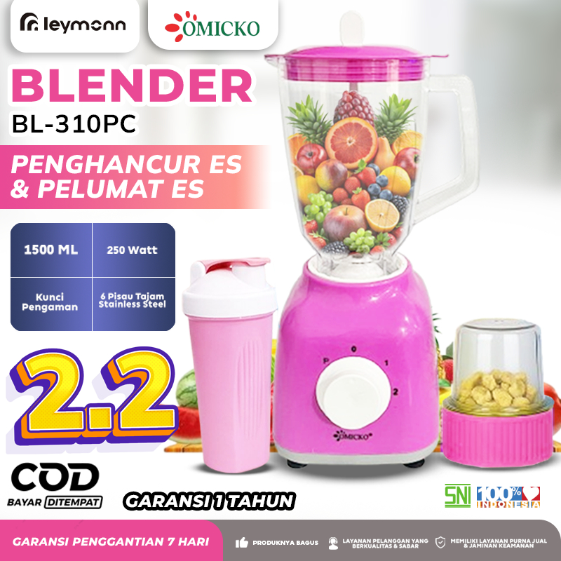Blender OMICKO BL-310PC Pink 1500ml | 6 Mata Pisau Stainless Steel | Blender Smoothie & Bumbu 250W