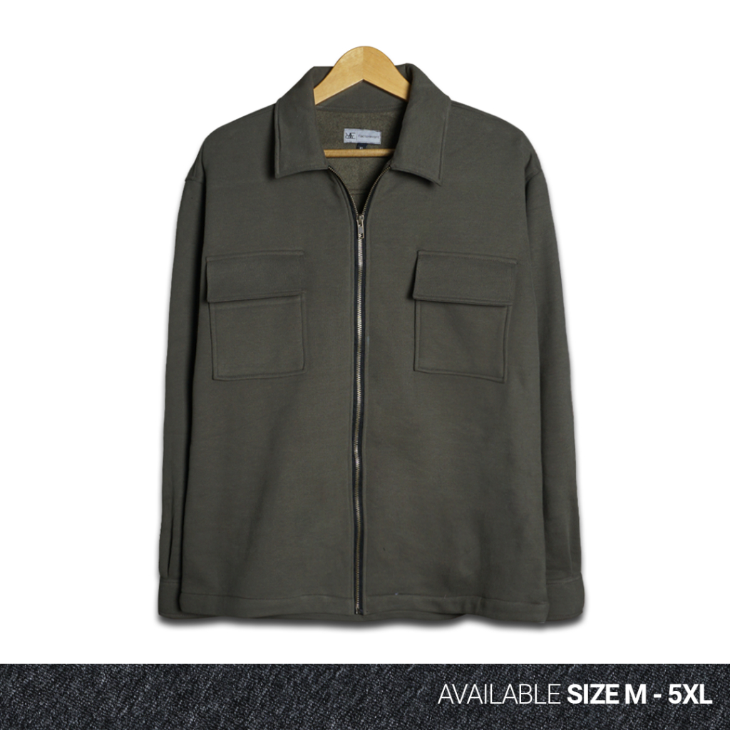 REEVANT Shacket Jacket Zipper Fleece Premium Unisex Big Size Jumbo Ukuran M-5XL Olive Green