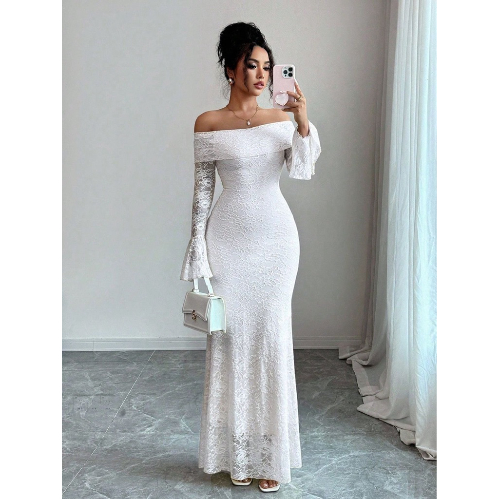 Chiobushop - [Nathania] Dress Putih Wanita Brukat Party Wedding Simple Bridesmaid Kondangan Pesta
