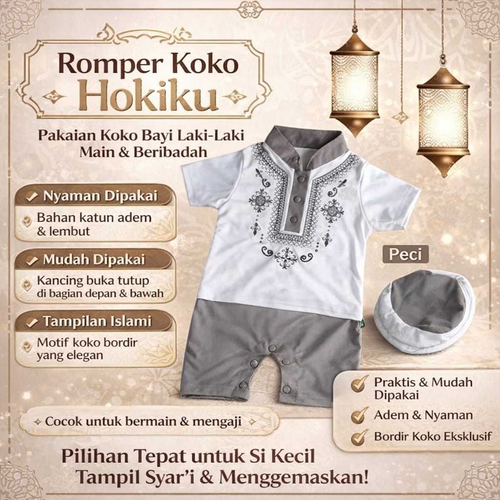 HOKIKU PAKAIAN MUSLIM / BAJU KOKO PREMIUM LEBARAN / AQIQAH BAYI LAKI-LAKI ROMPER BAYI
