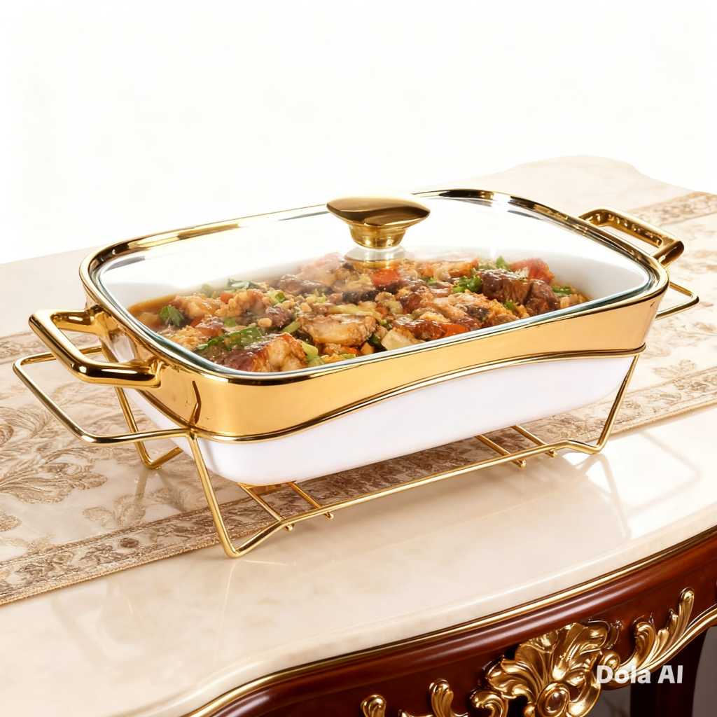 Home Line Prasmanan Food Warmer Segi 15 inch Keramik Poirselen Tutup Kaca