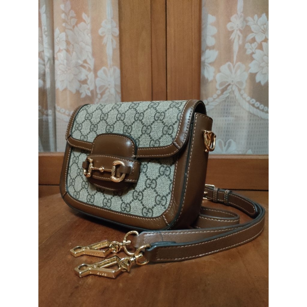 Preloved tas selempang wanita, bahan kulit, GUC1Mini Horsebit slingbag