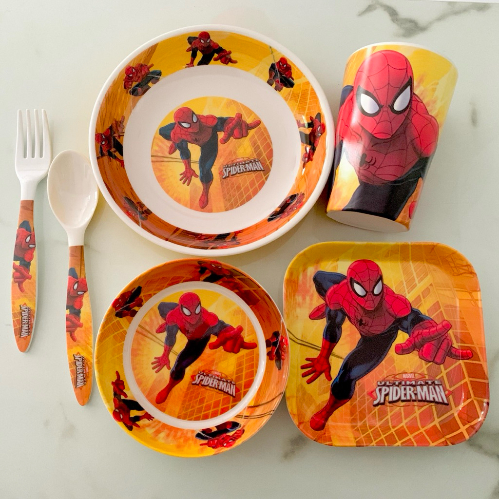paket 5in1 piring melamin import karakter melamine melody cars mcqueen man boy boys spiderman spider