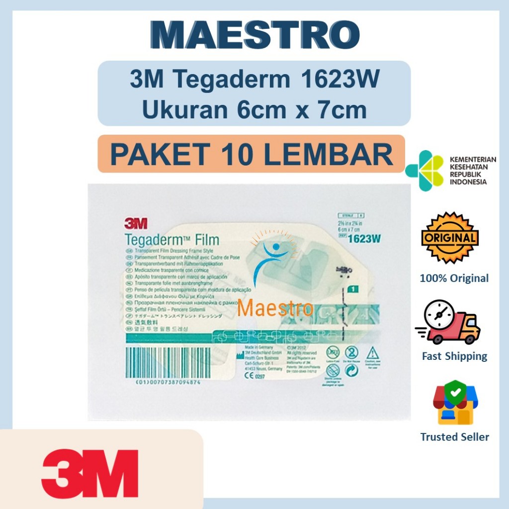 3M Tegaderm Film 1623W 6cm x 7cm Paket 10 Lembar Plester Transparan Anti Air Infus Set I.V 1623 W 6x