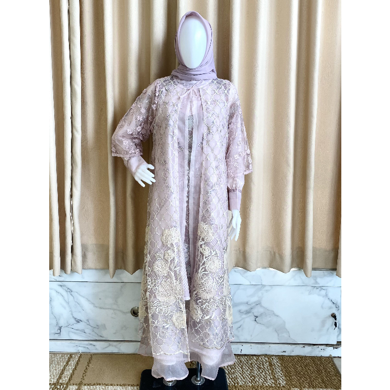 Gamis OMG Set Brokat Premium Dusty Purple – Inner Dress Motif Elegant | Dress Layer Premium