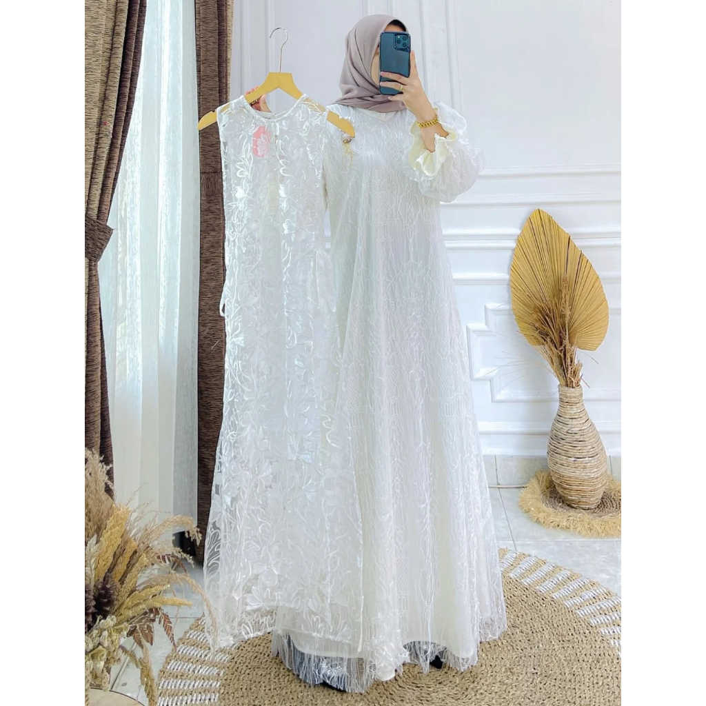 Zaskia Dress Baju Lebaran Putih 2026 Gamis Pesta Kondangan Wanita Mewah Elegan Gamis Burgundy Model 