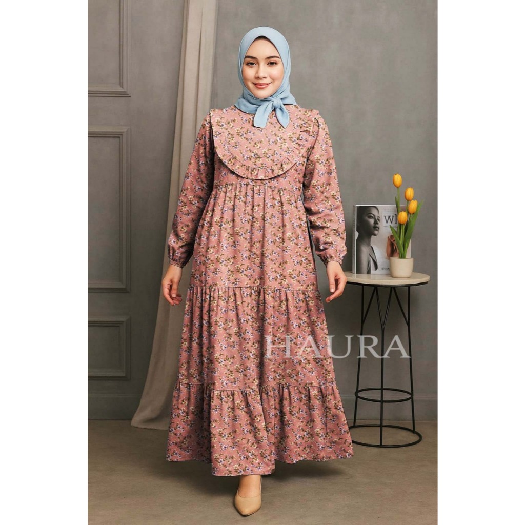 DISKON GAMIS HAURA - REMPEL SUSUN MOTIF BUNGA - HOMEYDRESS GAMIS MUSLIM LEBARAN - TERBARU